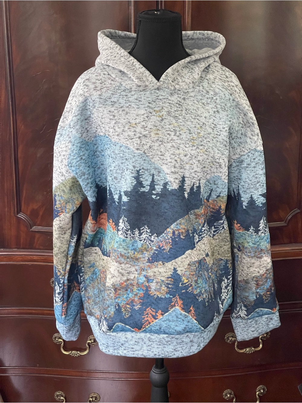 Misslook Hooded Mountain-Print Pullover Sweatshirt - Blue/Gray